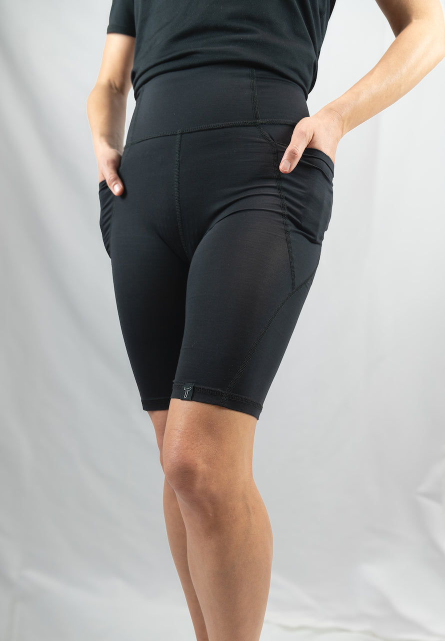 Black Long Line Bike Shorts with Pockets – 9" Inseam, Modest & Sustainable | Transcendent Active