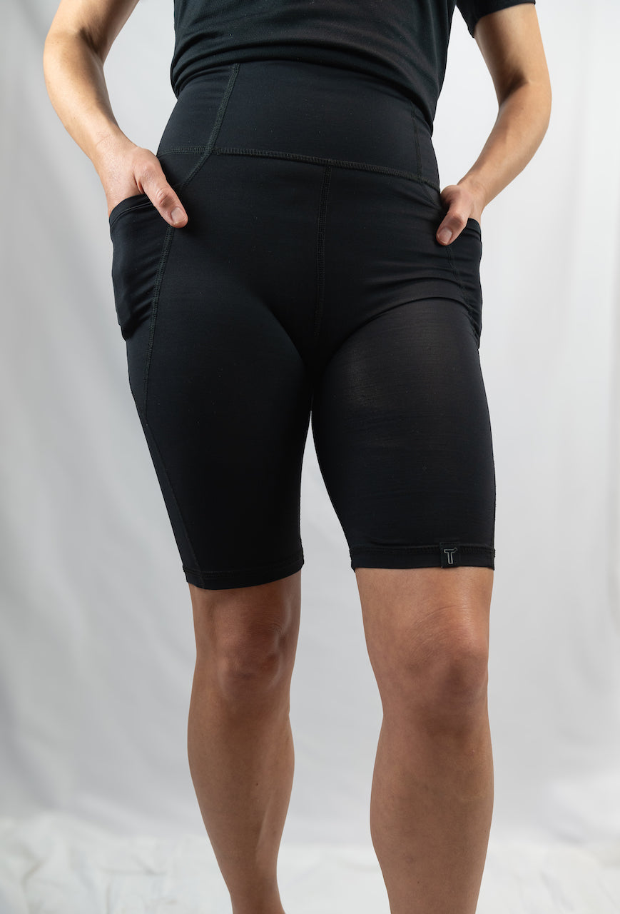 Black Long Line Bike Shorts with Pockets – 9" Inseam, Modest & Sustainable | Transcendent Active