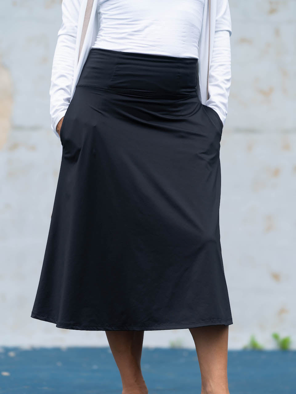 Black Midi Skate Skirt with Pockets – Modest Midi Length | Transcendent Active