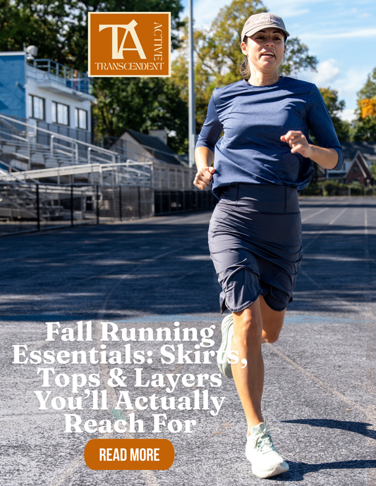 Fall running essentials from Transcendent Active — cozy layered looks with performance skirts, long-sleeve tops, and lightweight jackets made for cool-weather runs.