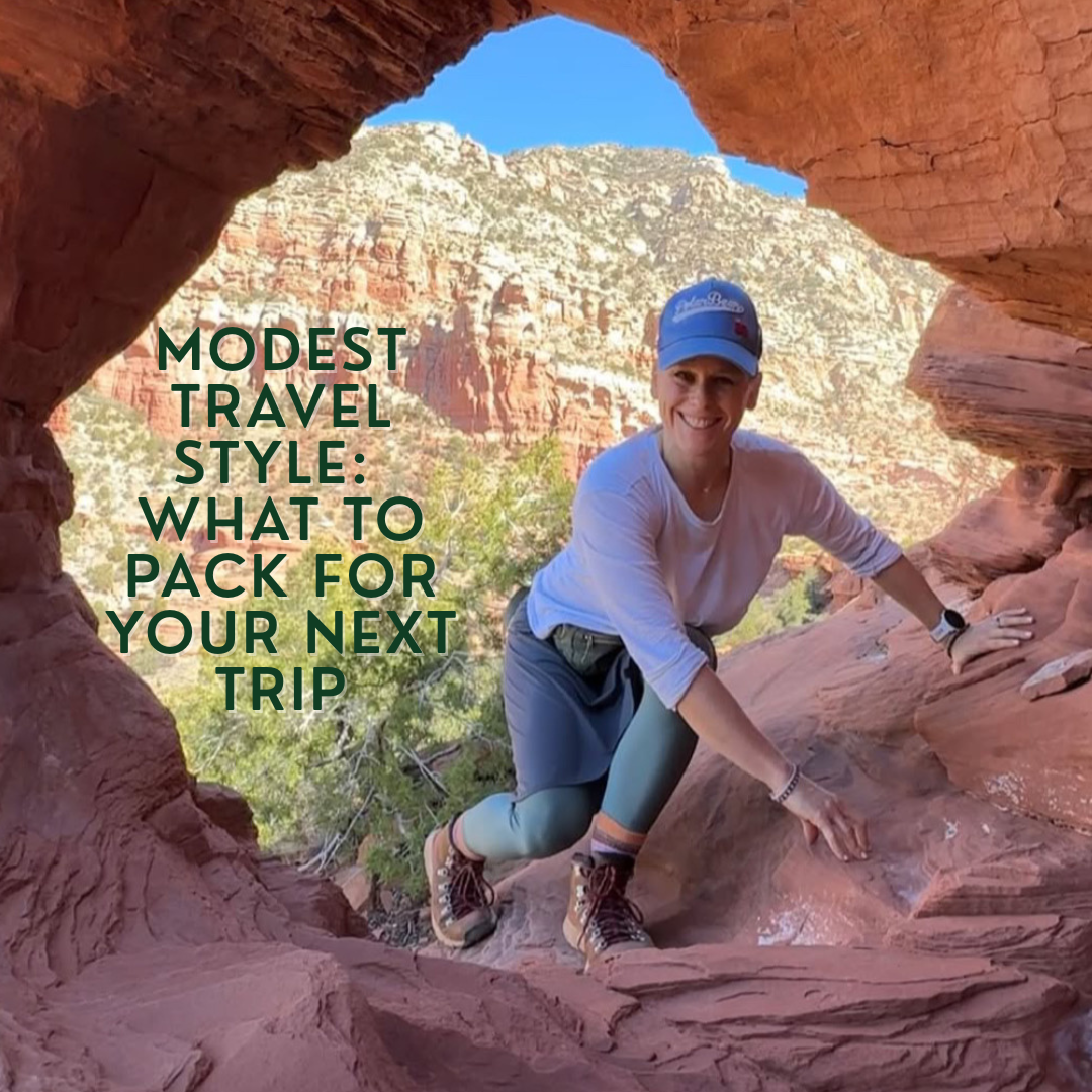 Modest travel outfit – Transcendent Active All Day Active Skirt in Carbon, perfect for hiking and your next trip.