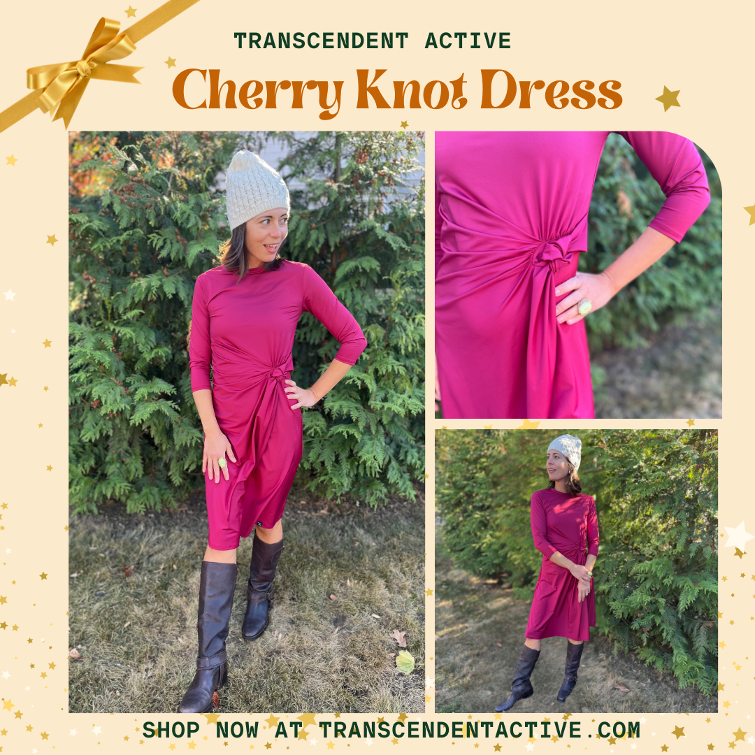 Cherry Knot Dress in vibrant red with waist knot detail, knee-length, breathable fabric, perfect for holiday parties and versatile festive styling.
