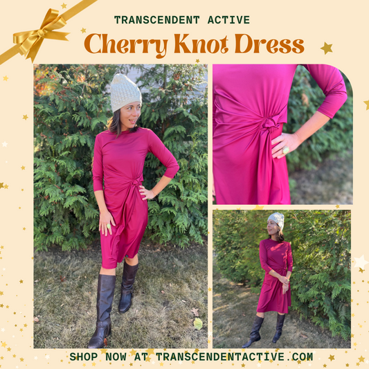 Cherry Knot Dress in vibrant red with waist knot detail, knee-length, breathable fabric, perfect for holiday parties and versatile festive styling.