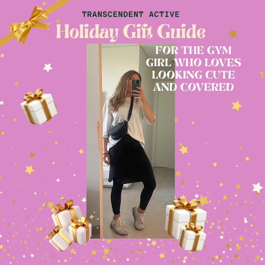 Holiday Gift Guide for the Gym Girl Who Loves Looking Cute and Covered by Transcendent Active – cozy and stylish modest activewear pieces including running skirts, leggings, tops, and accessories perfect for staying covered while working out.