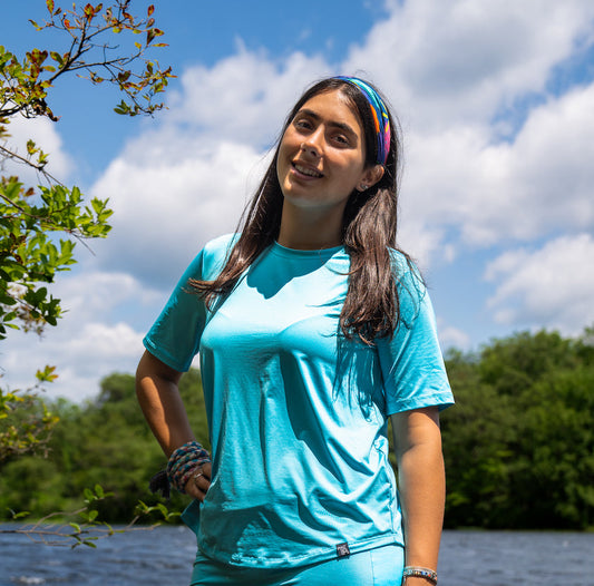Caribbean Boxy Tee for women – modest, quick-dry activewear top made from recycled materials, perfect for swimming, workouts, and pairing with matching Caribbean Skate Skirt.