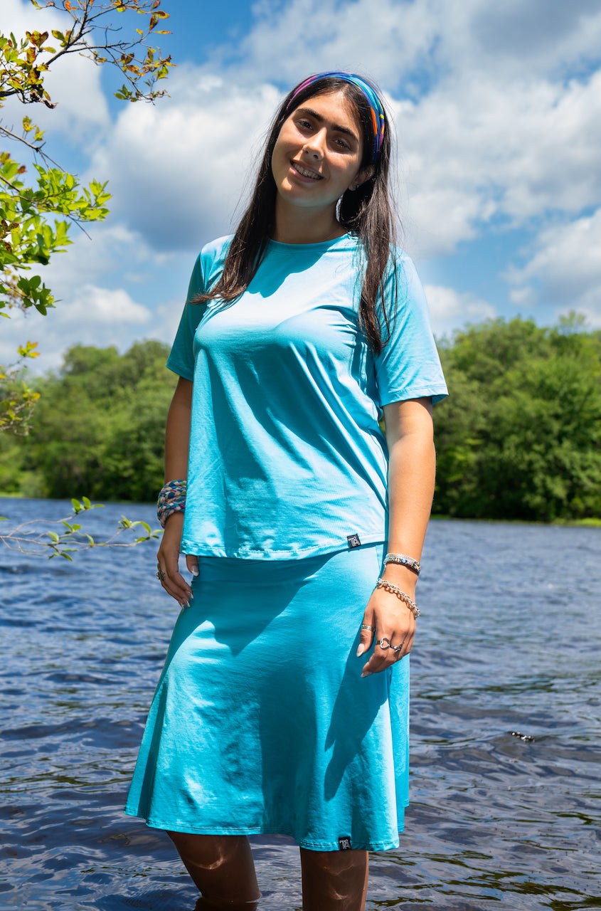 Caribbean Skate Skirt for women – modest, quick-dry activewear skirt made from recycled fabric, perfect for swimming, workouts, and casual wear.