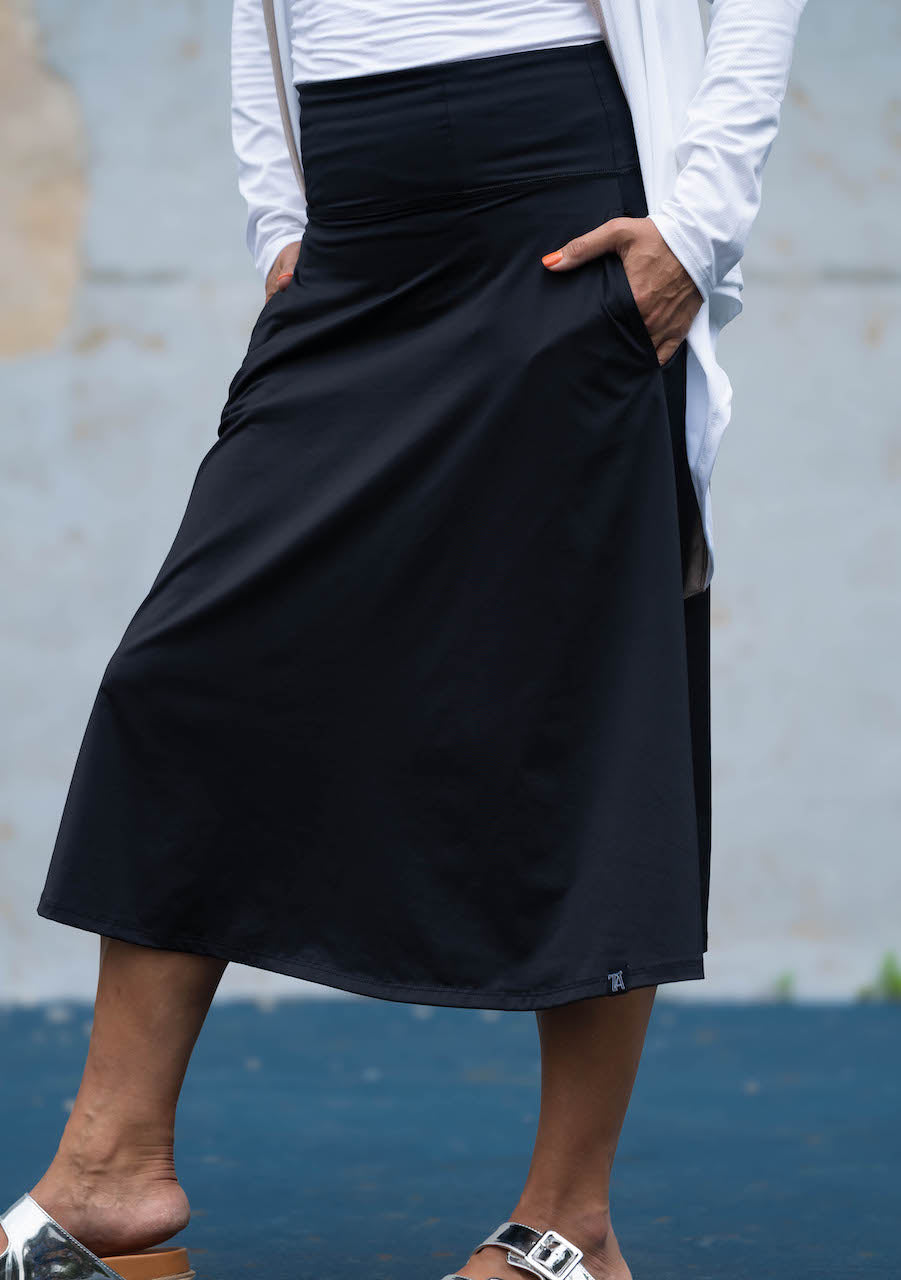 Black Midi Skate Skirt with Pockets – Modest Midi Length | Transcendent Active 