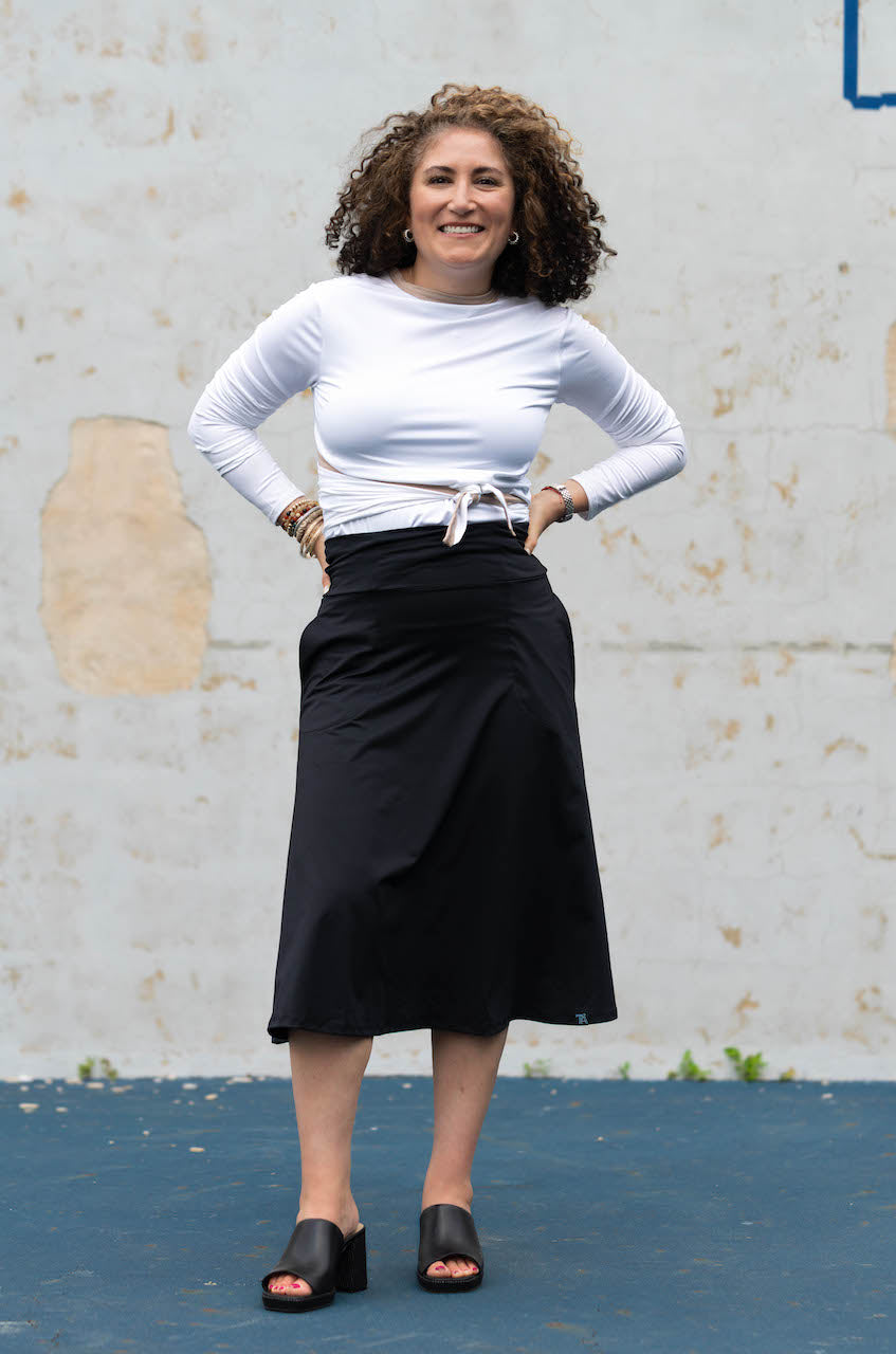 Black Midi Skate Skirt with Pockets – Modest Midi Length | Transcendent Active 