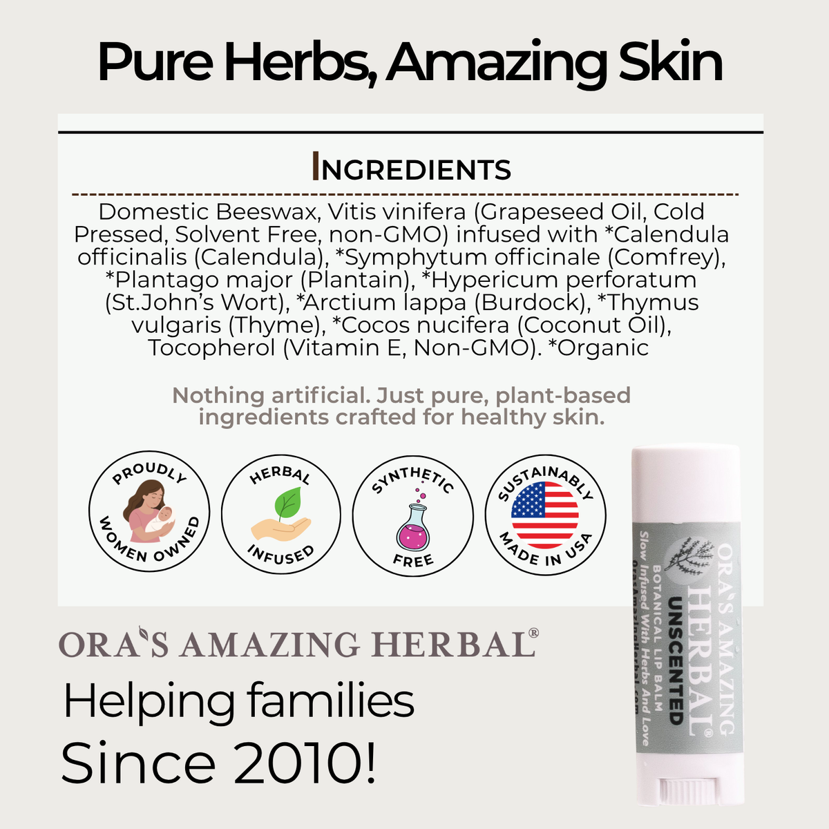 Natural Unscented Lip Balm, Fragrance Free Lip Balm Ora's Amazing Herbal